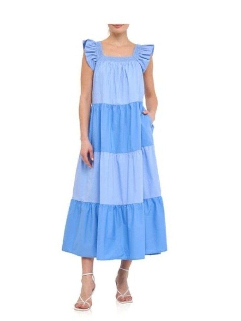 ENGLISH FACTORYFlutter Sleeve Colorblock Cotton Midi Dress In Blue Multi Size M
